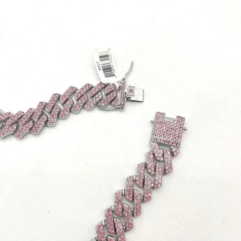 Invicta Pink Crystal Iced Out Cuban Link Chain Necklace Silver Tone 22 Inch‎